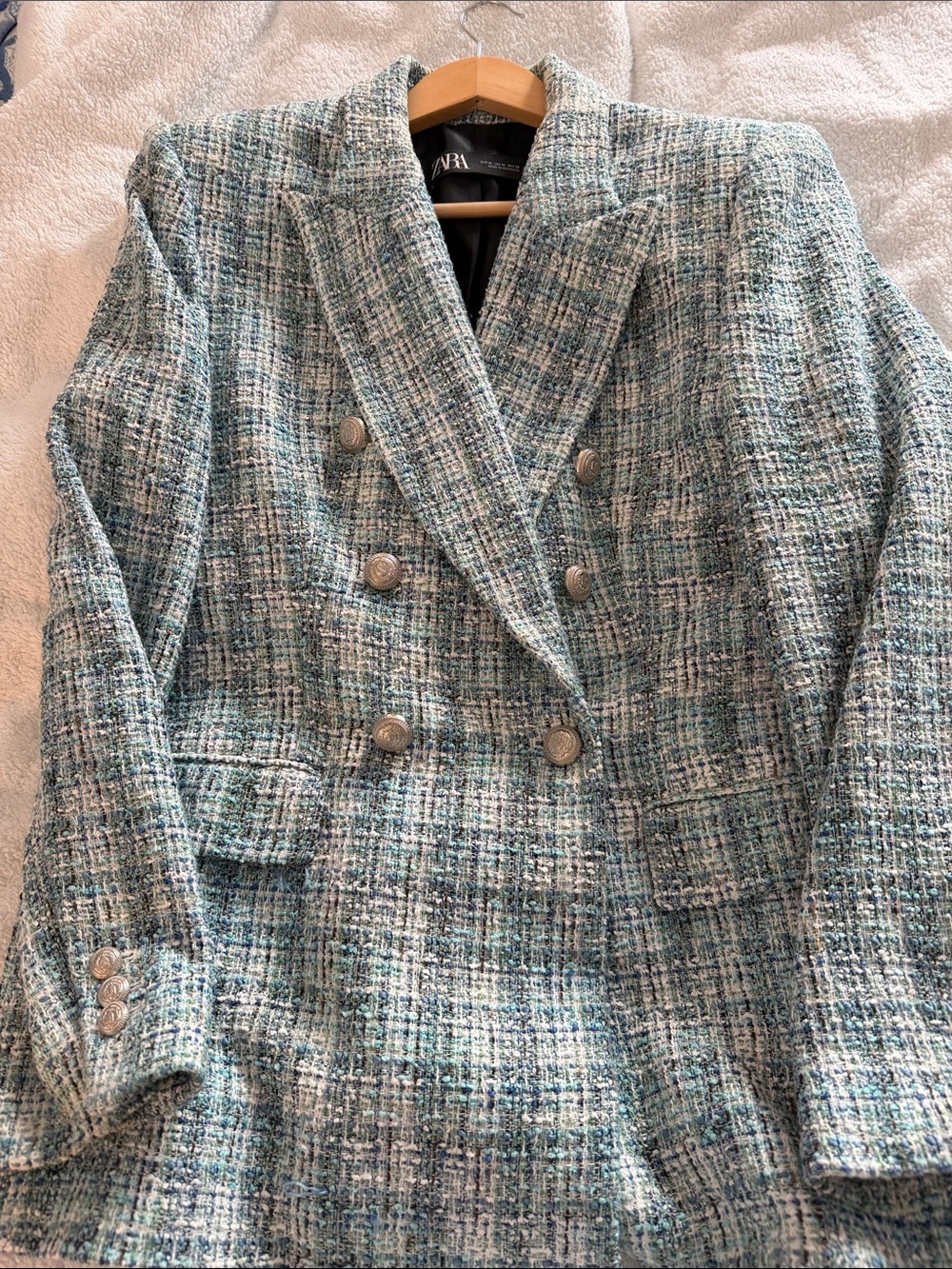 Zara Double-Breasted Tweed Blazer in Teal and Cream Mix